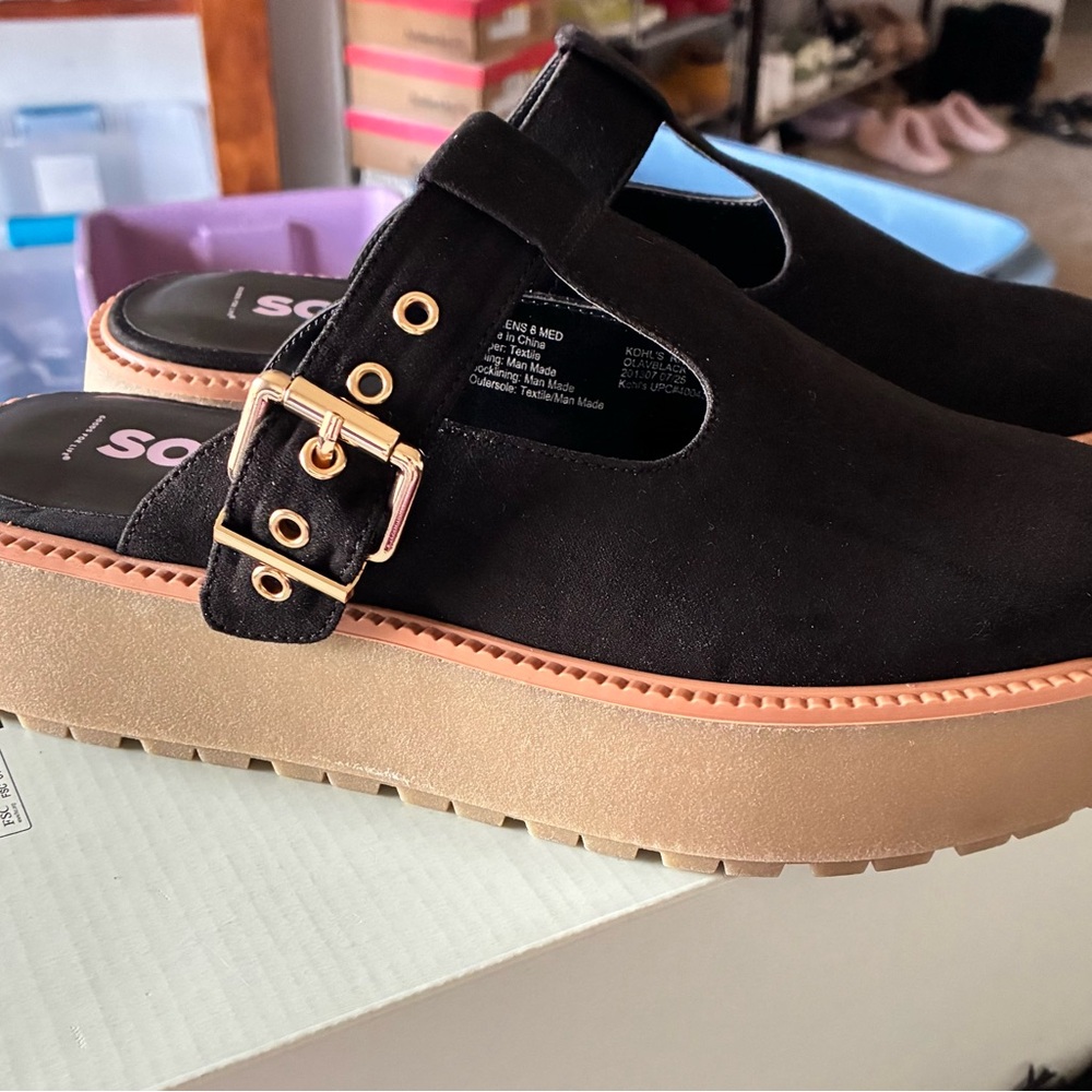 SO- Black Suede Platform Clogs with Gold Buckle